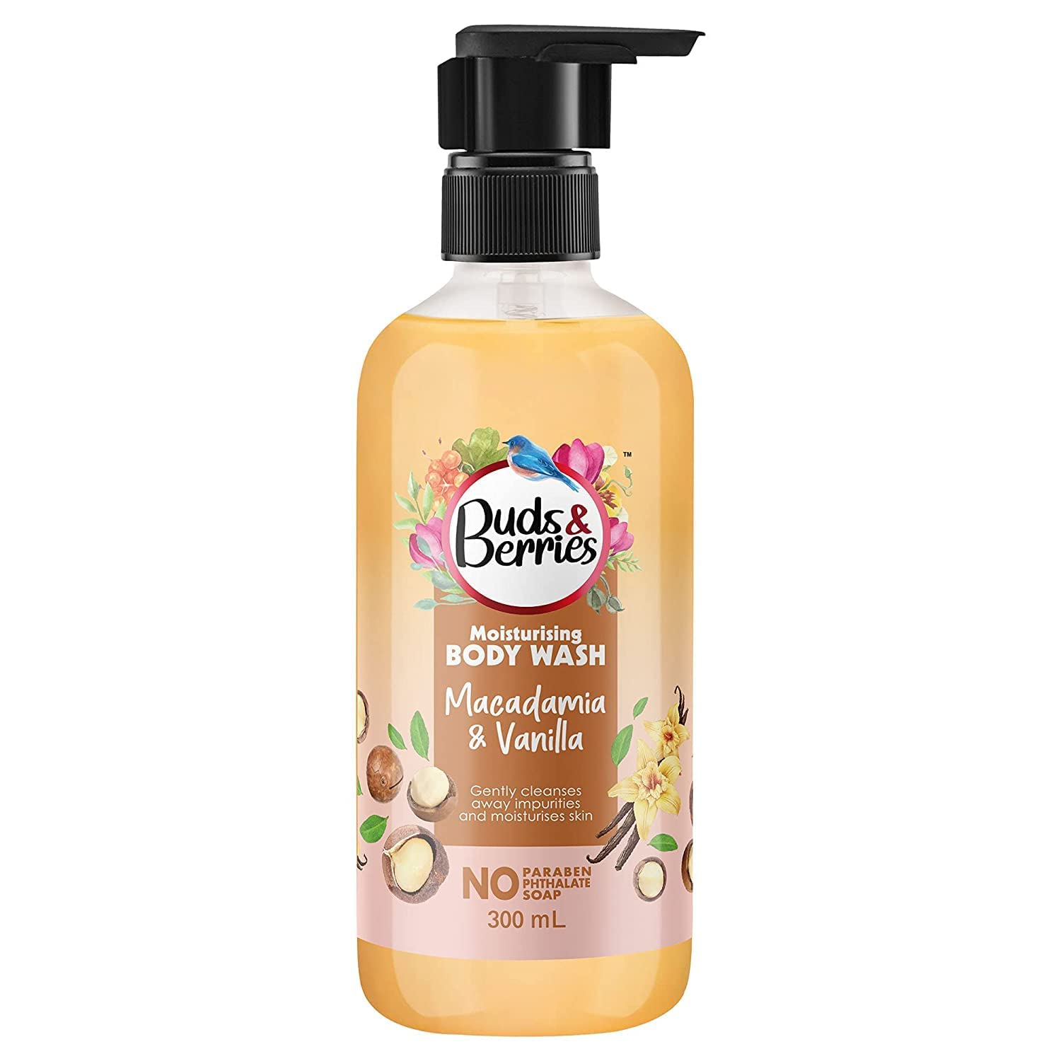 Buds & Berries Moisturising Macadamia and Vanilla Body Wash, No Paraben, No Soap Shower Gel, 300 ml