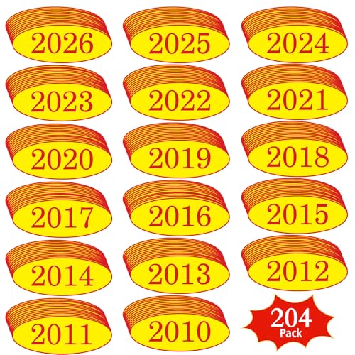 Image of Car Windshield Year Stickers (2010-2026) - 17 Dozen (12 per Year, 204 Total) - Red & Yellow Large Oval Vinyl - Waterproof, Easy to Remove, Ideal for Used Car Dealers & Auto Dealerships (204)