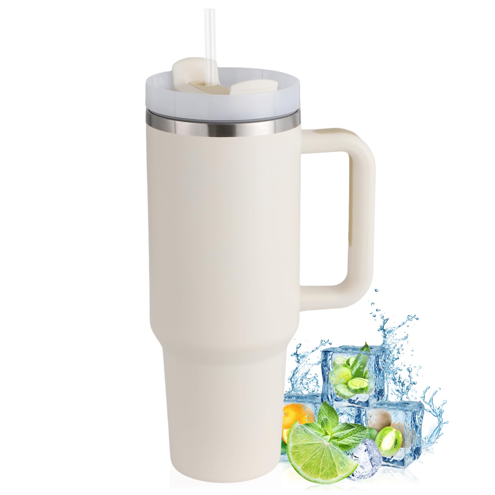 slok40 oz Tumbler with Handle and Straw, Stainless Steel Vacuum Insulated Water Tumbler for Hot or Cold Beverages, Reusable Water Bottle for Home Gym Office Travel(Cream White)