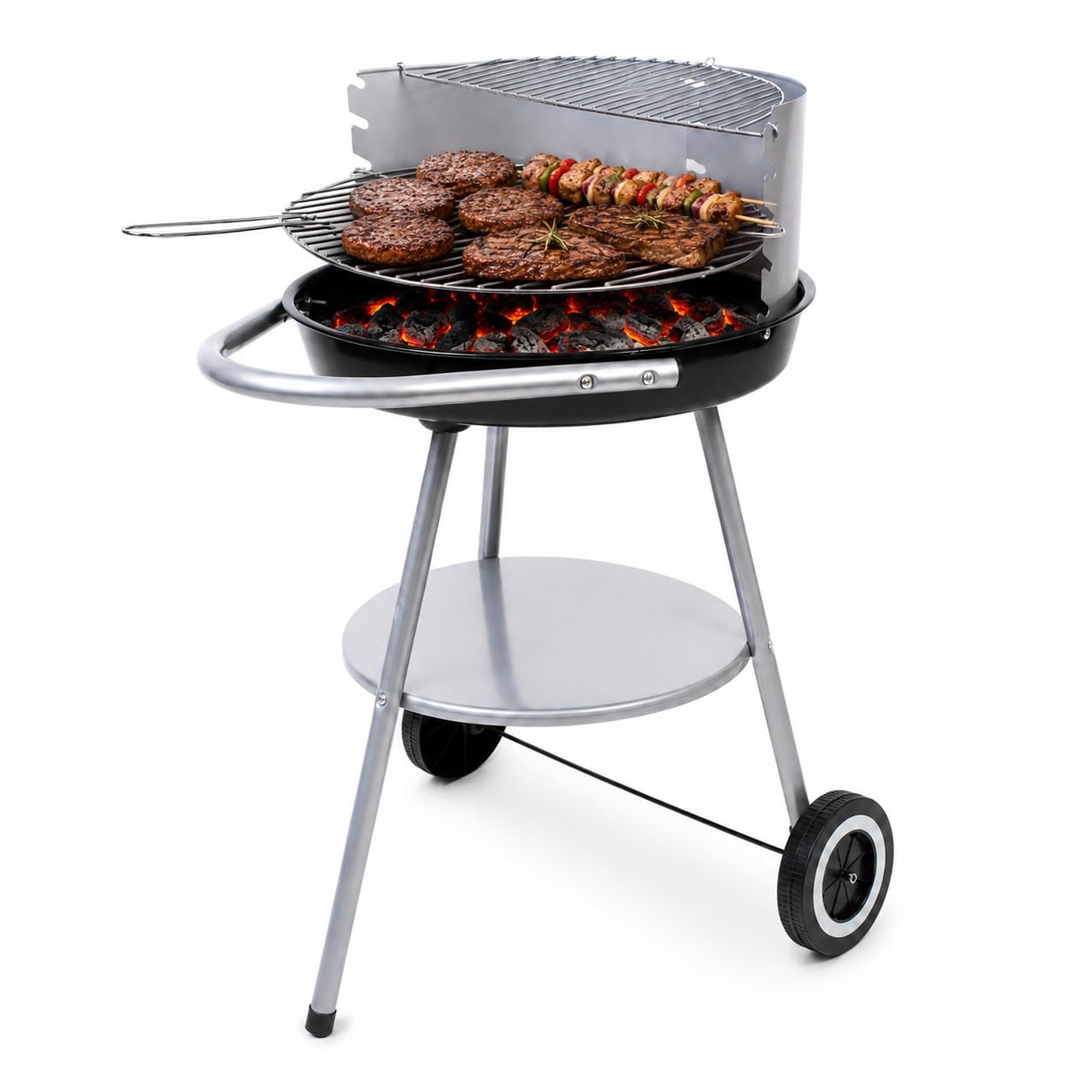 Barbecue a Carbone Rotondo Ø 47 cm con Paravento - Semiaperto con Griglia Regolabile 42,5 cm, Ripiano Inferiore e 2 Ruote - per 2-6 Persone - Ideale per Giardino e Terrazzo