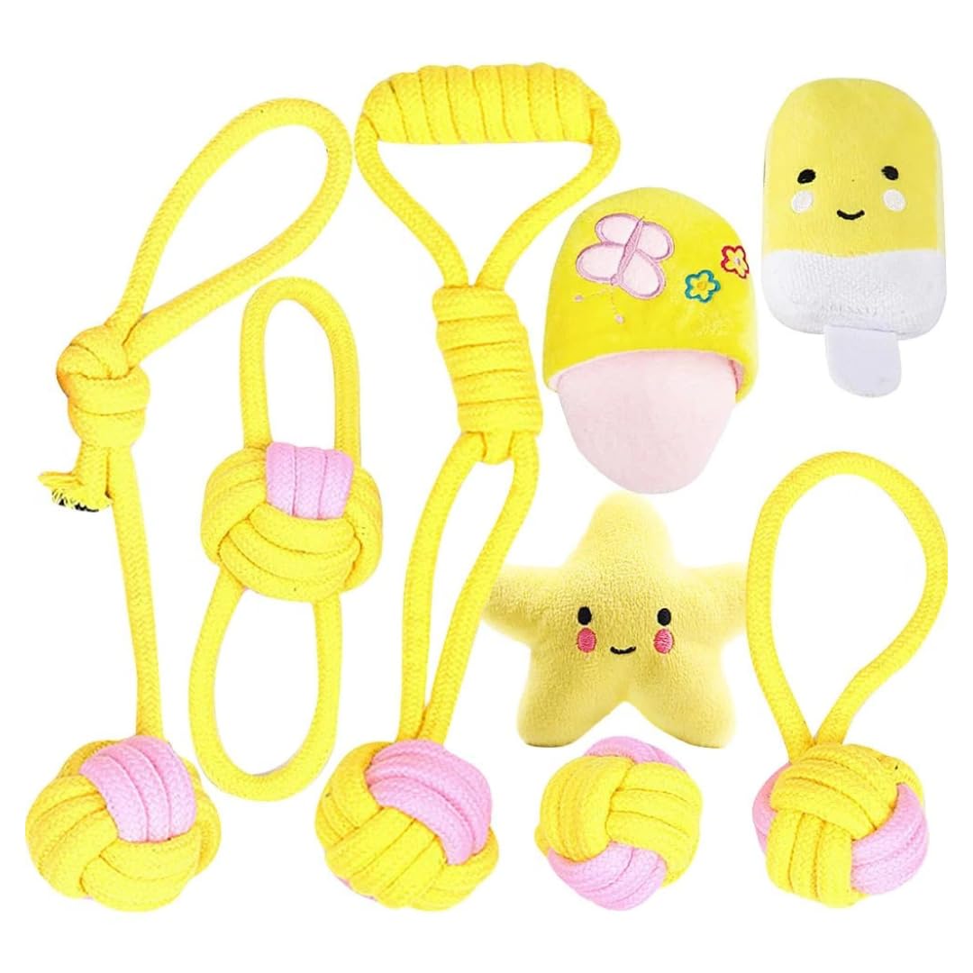 Three Icons Small Dog Puppy Toys from 8 Weeks, 8 Pack Plush and Rope Toy Set for Teething Tug Play