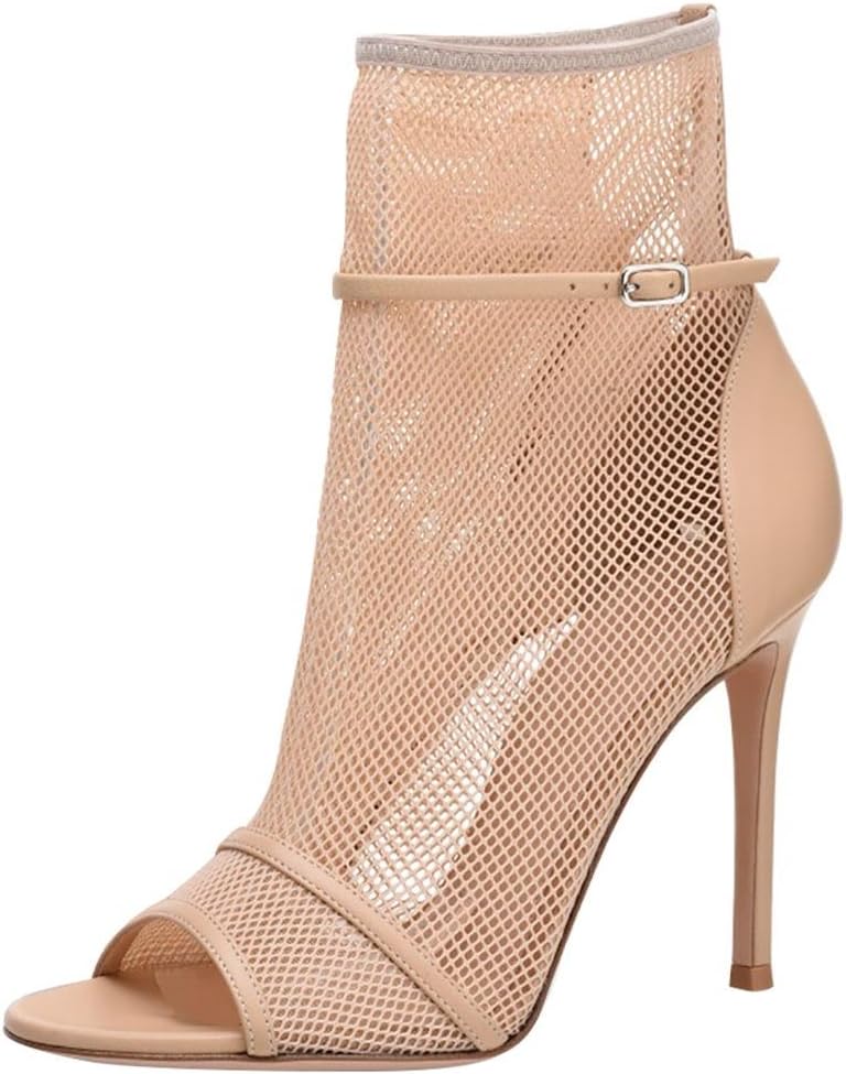 SYYAN Women's Summer Mesh Peep Toe High Heel Mesh Ankle Strap Sexy Fishnet Nude Dress Shoes Women Party Heels