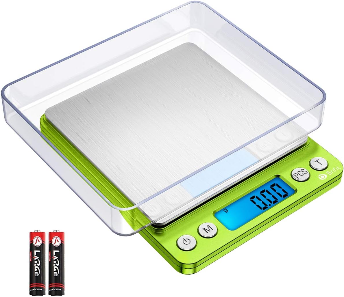 AMIR (Upgradaed) Brifit Digital Kitchen Scale, 500g-0.01g Mini Pocket Jewelry Scale, Cooking Food Scale with Backlit LCD Display, 2 Trays, 6 Units, Auto Off, Tare, Stainless Steel (Battery Included)