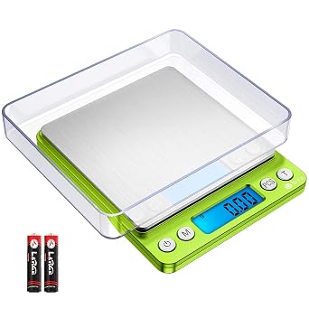 AMIR Digital Kitchen Scale, 500g-0.01g Mini Pocket Jewelry Scale, Cooking Food Scale with Backlit LCD Display, 2 Trays, 6 Units, Auto Off, Tare, Stainless Steel Battery Included