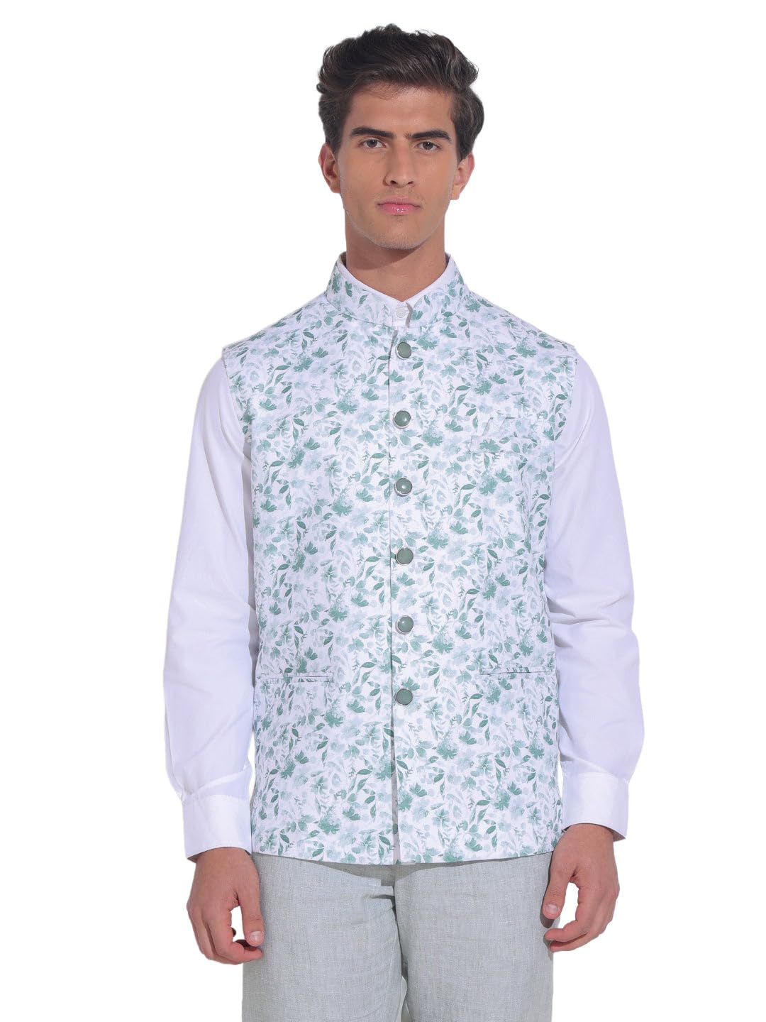 showoffff Men's Floral Printed Green Nehru Jacket-AK-2393-3_Green-picture-36