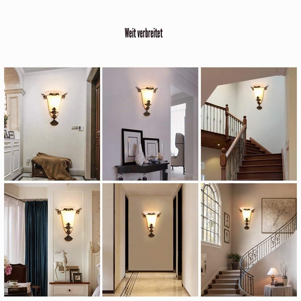 Vintage Wandleuchte Messing, Landhaus Innen Wandlampe mit weiße Glasschirm, 6W Treppenhaus Wandbeleuchtung Warmweiß Flurlampe in Antik-Finish, E27 Fassung, Schlafzimmer Wohnzimmer Deko,C