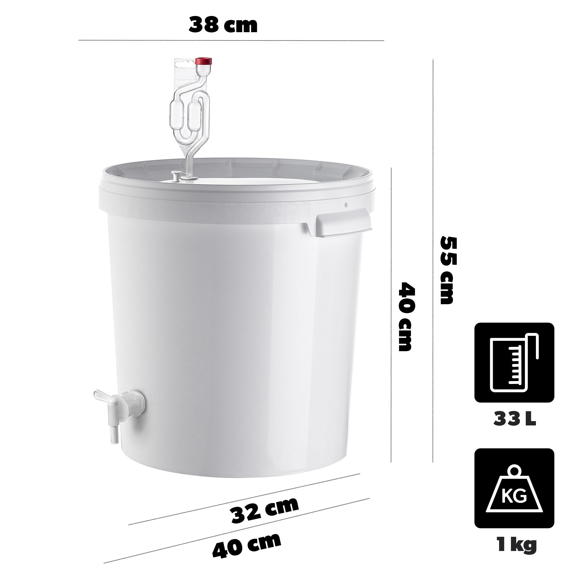 KADAX Seau de fermentation 33 l avec robinet, tubes de fermentation et bouchons en caoutchouc, récipient de fermentation en plastique avec robinet de vidange, bouchon de fermentation et bouchon pour
