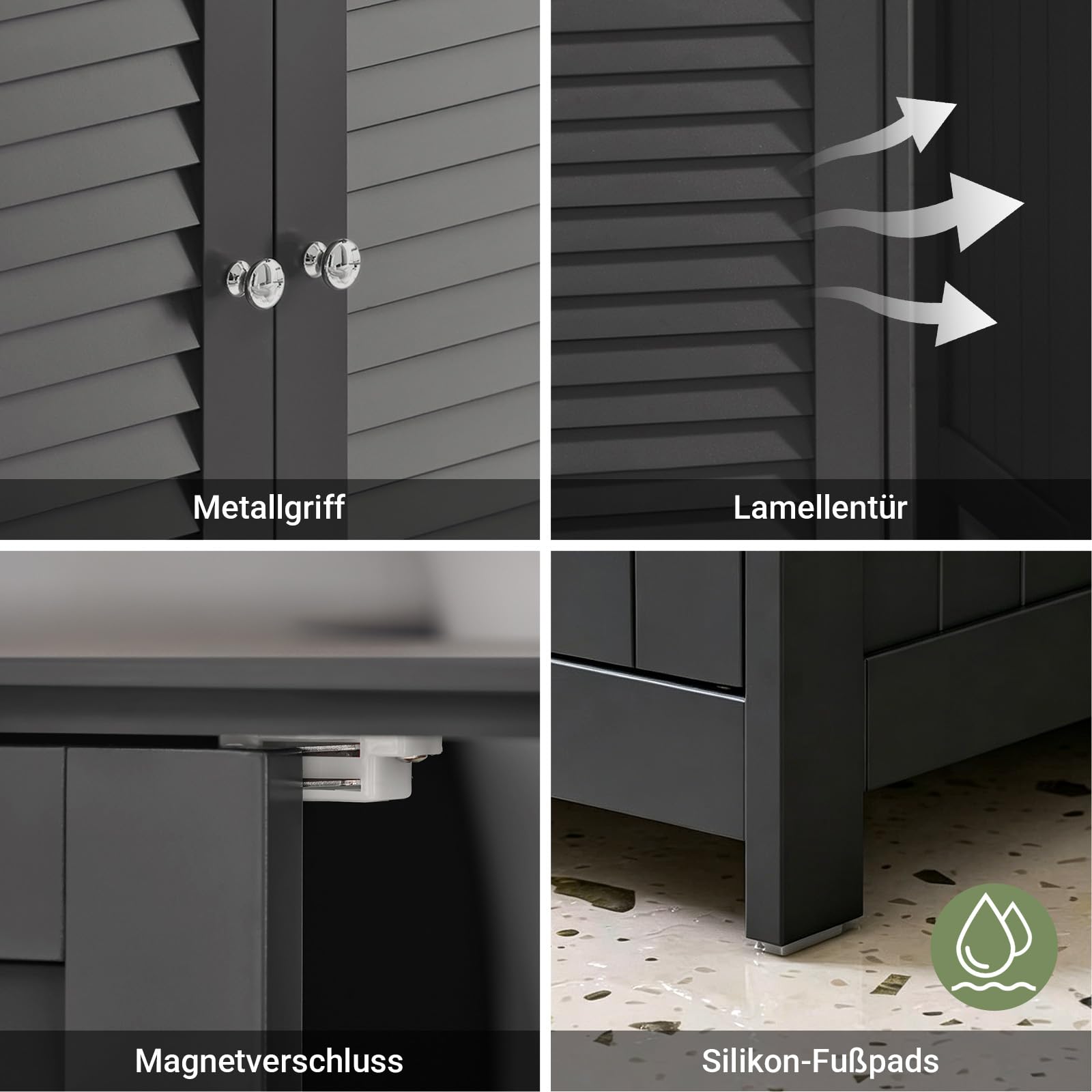SoBuy Waschbeckenunterschrank, Badschrank mit verstellbaren Regalböden, Badmöbel aus MDF, Unterschrank für Badezimmer, Anti-Schimmel Lamellentür, Dunkelgrau, 60x58x35cm, FRG237-DG