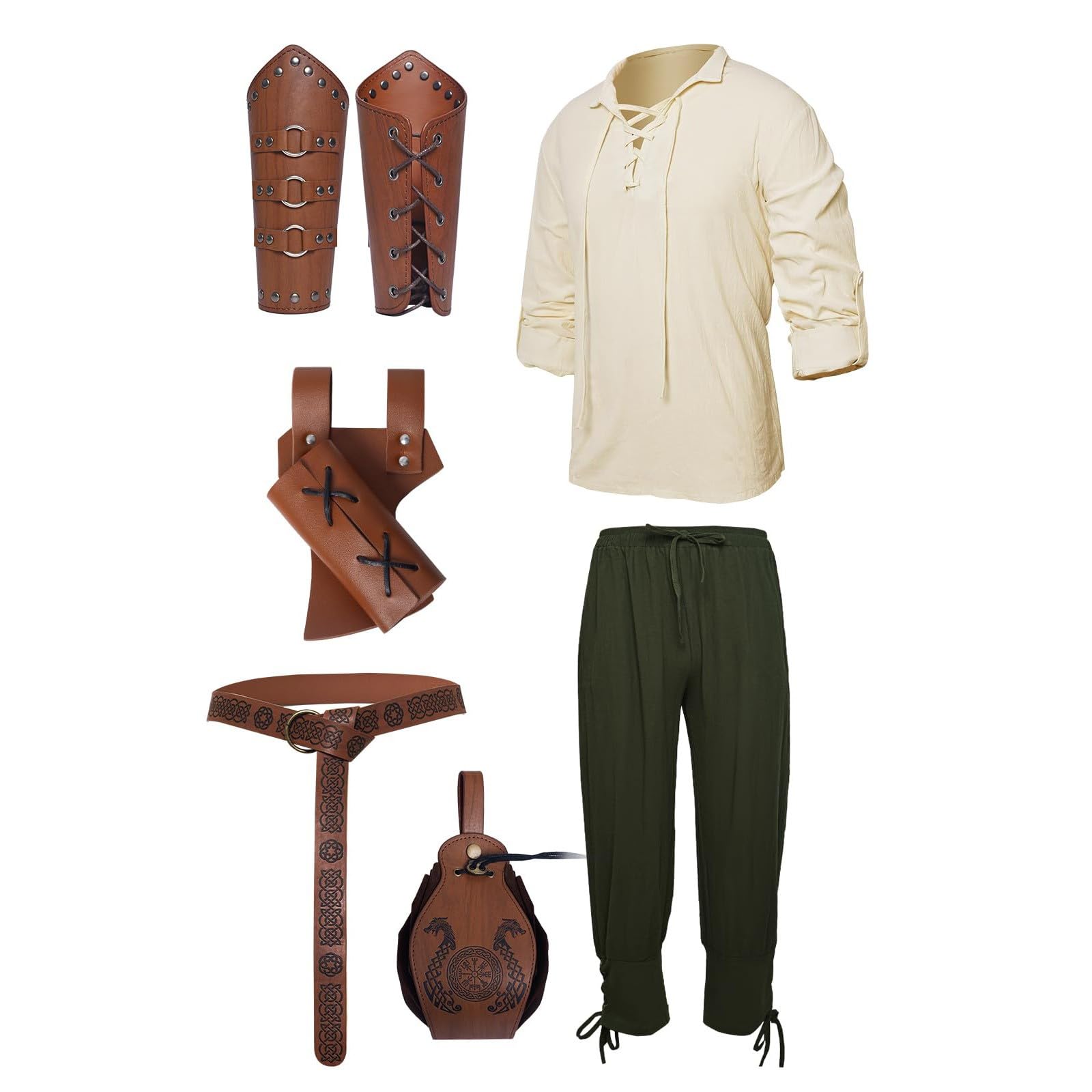 Mittelalter Hemd Viking Kostüm Herren,5 Stück Renaissance Kostüm Set Hose mit Zubehör, für Halloween Karneval Pirat Cosplay
