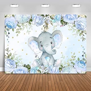 Avezano Elephant Boy Baby Shower Backdrop, Blue Floral Elephant Baby Shower Party Decorations Blue Elephant Baby Shower Party Banner Photography Background (7x5ft)