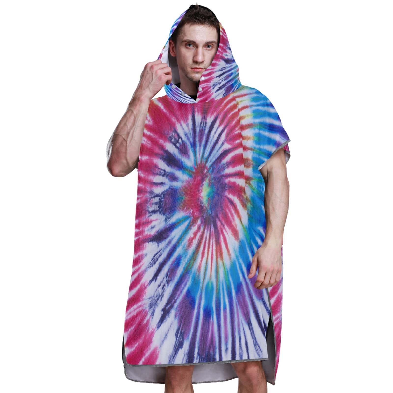 Hippie-Poncho mit Kapuze und Tasche, schnelltrocknender Bademantel, Mikrofaser-Handtuch, Neoprenanzug für Bad, Strand, Outdoor, Regenbogenfarben, Batikfärbung, Gelb, Rosa, Lila, Blau, Hippie-Poncho