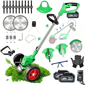 Cortador de grama com 16 lâminas, Modo com rodas e modo sem rodas, com 2 Baterias de 5000mAh e Carregador Rápido,aparador de grama elétrico potente de 2500W para uso doméstico