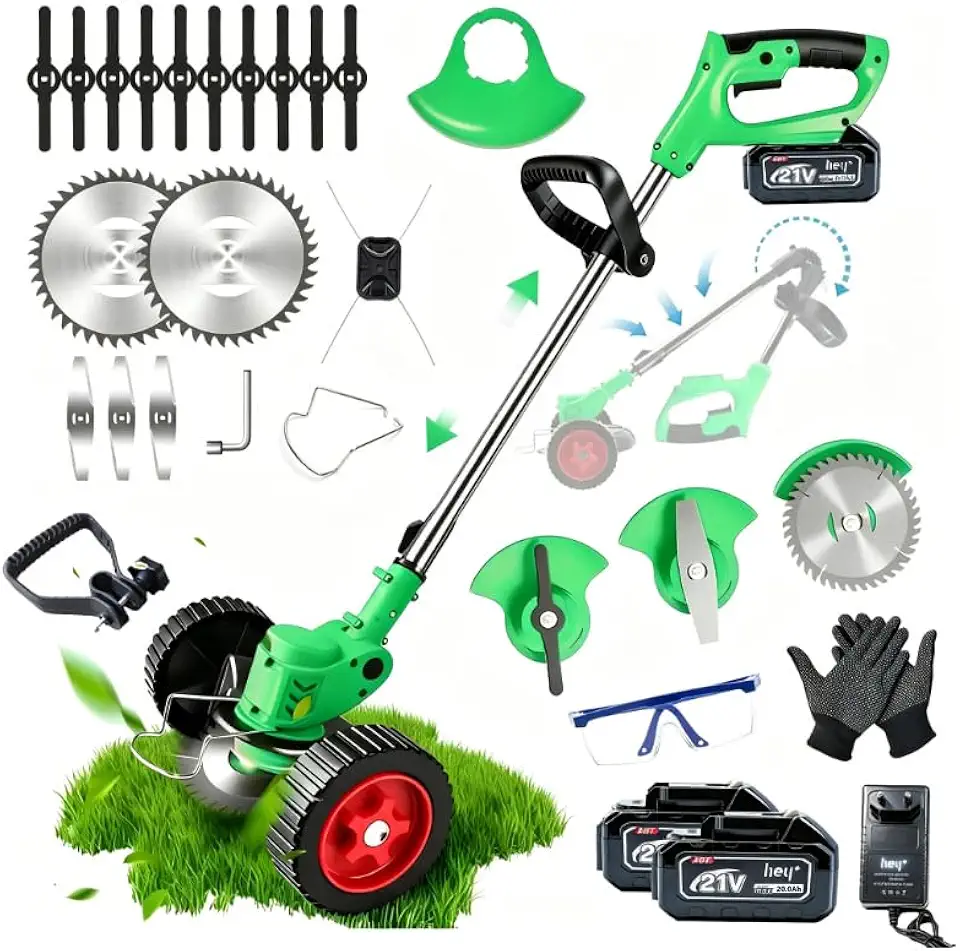 Cortador de grama com 16 lâminas, Modo com rodas e modo sem rodas, com 2 Baterias de 5000mAh e Carregador Rápido,aparador de grama elétrico potente de 2500W para uso doméstico