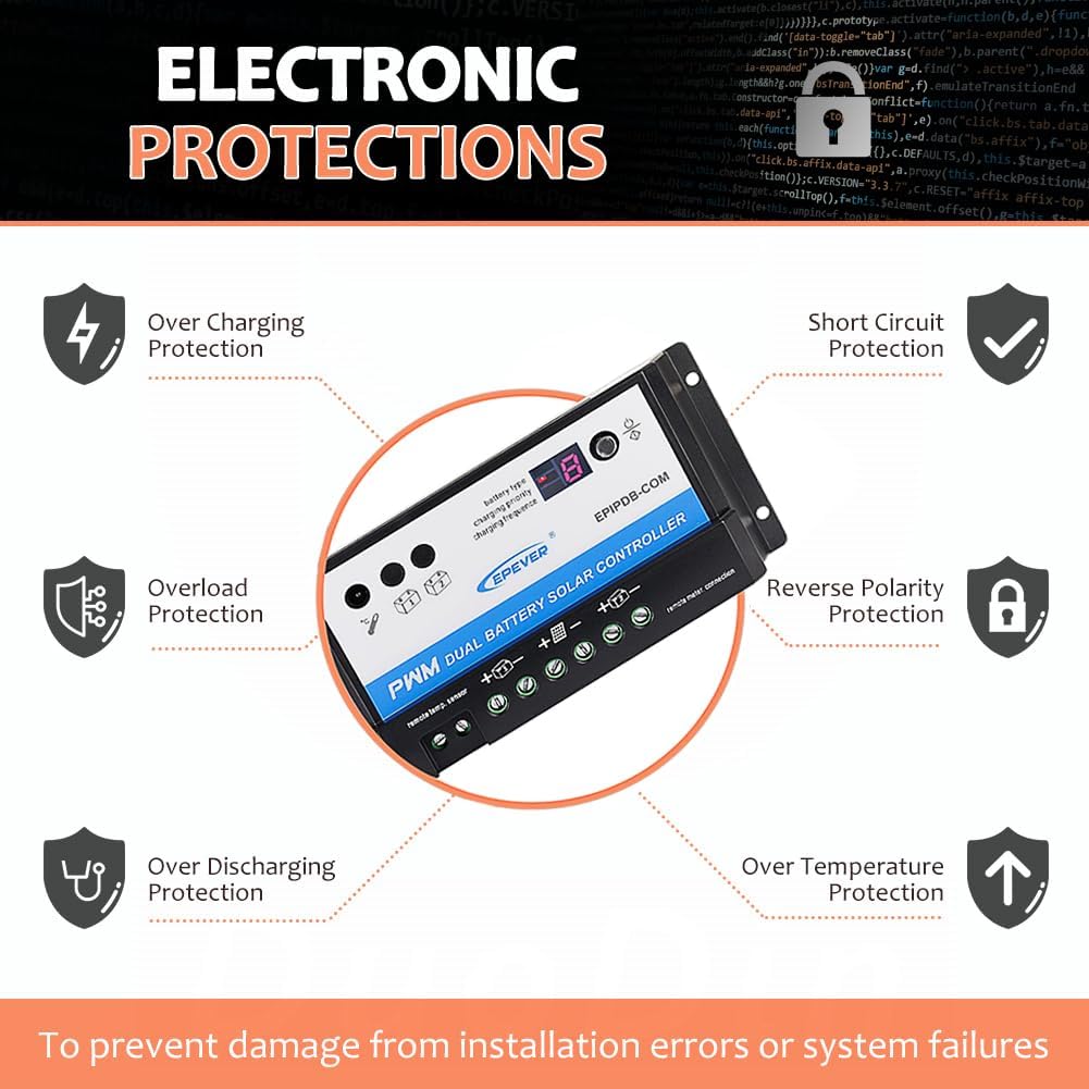 EVPEVER 10A Solar Charge Controller 12V/24V Auto Working Dual Battery Solar Panel Charge Controller PWM 10AMP Intelligent Solar Panel Batteries Regulator for Motorhome, Caravan, Boat