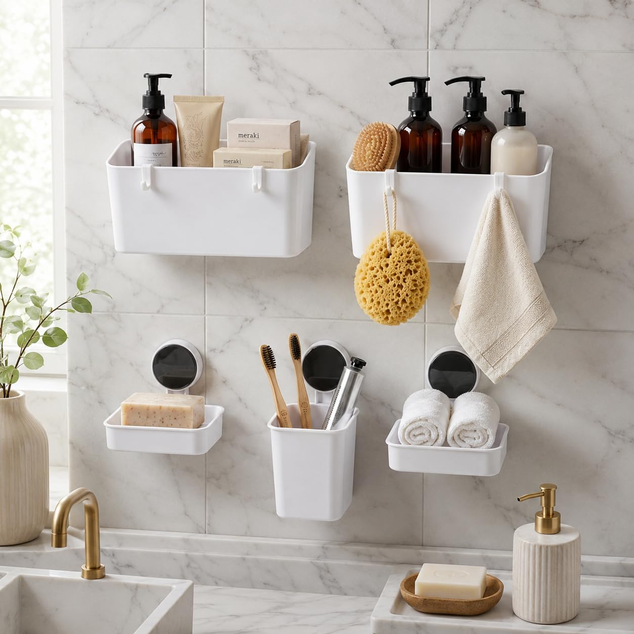 5-in-1 Bathroom Organizer Set, Bathroom Shelf Wall Mounted with Toothbrush Holder & 2 Soap Dishes, Strong Self Adhesive No Drill Bathroom Accessories, Waterproof ABS Plastic Storage Rack for Home-image-33