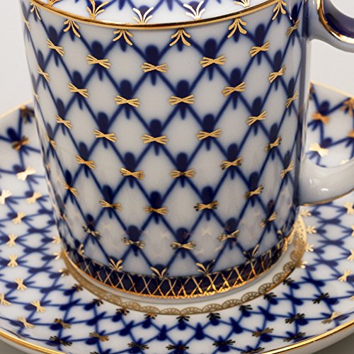 Imperial / Lomonosov Porcelain Mug W/ Lid And Saucer 'Cobalt Net' #TOP3