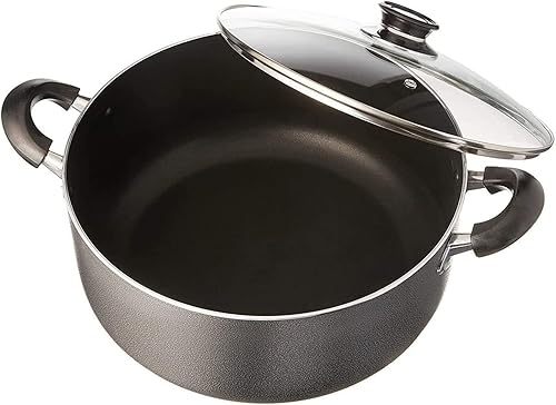 Thaweesuk Shop - Olla de aluminio antiadherente de 10 cuartos de galón con tapa de vidrio, color negro, 12 pulgadas de largo x 12 pulgadas de ancho