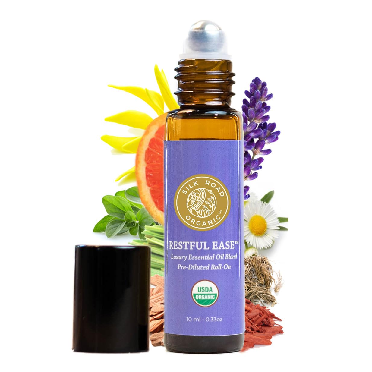 Restful Ease Essential Oil Sleep & Stress Blend Roll On - 100% Pure USDA Certified with Indian Sandalwood - Stress Ease Aromatherapy & Calming Relaxation - 10 ml Roller