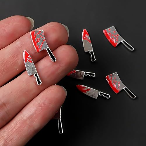 Miniatura 6 de Abalorios de aleación para uñas de Halloween, cuchillo rojo plateado de terror, gemas de uñas con cuchillo metálico sangriento 3D, dijes de arte de