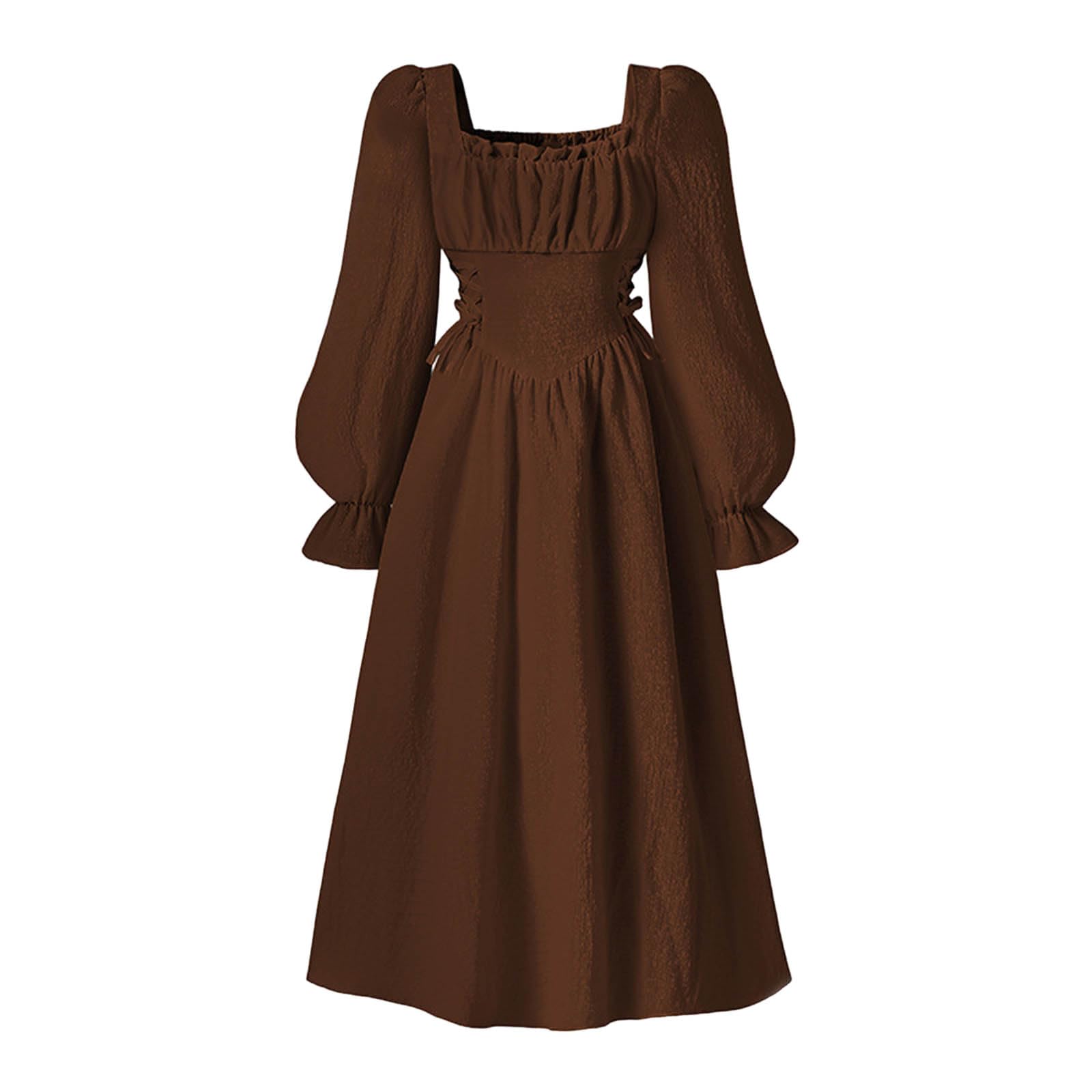 Girls Dress French Medieval Long Sleeve Dress Elegant Quality Spring 4-12 Years (Brown, 9-10 Years)