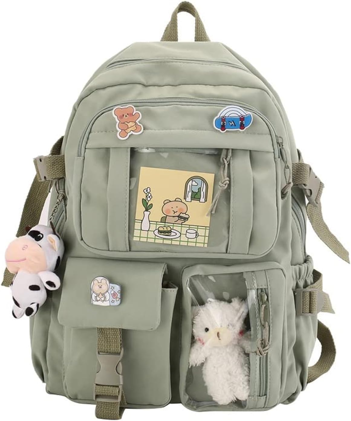 Cute Backpack with Cute Pin Accessories Plush Pendant for School Bag Student Girl Backpack Super-Capacity Waterproof Travel Backpack(Green-2)