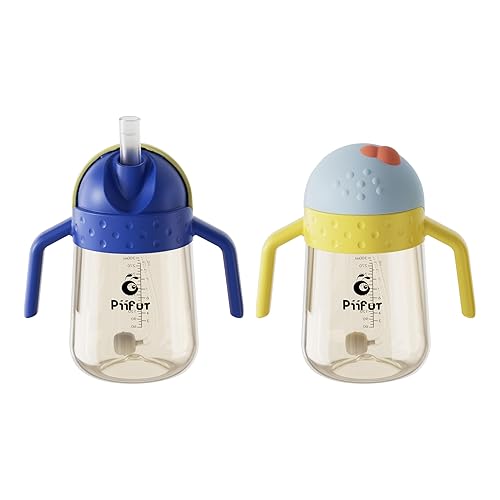 Miniatura 1 de Piifur Vaso para beber con popote con peso y juego de popote extra, botella de agua a prueba de derrames con asa fija para bebés de 6 meses en