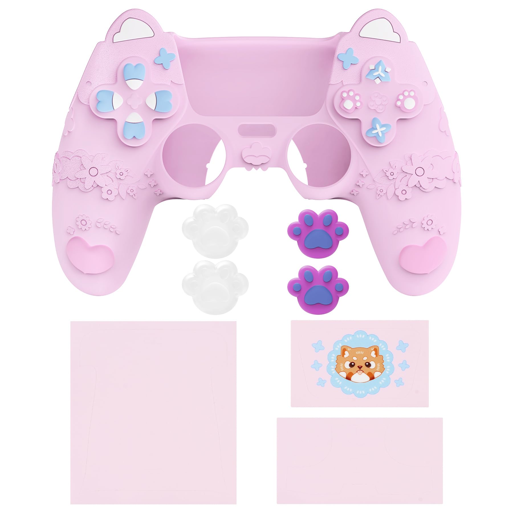 PlayVital Kawaii Funda de Silicona para ps5 Mando - Diseño de Panda Rojo Primaveral, con Tapas de Joystick y Pegatina, Antideslizante y Antigolpes, Compatible con Estación de Carga (Rosa Dulce)