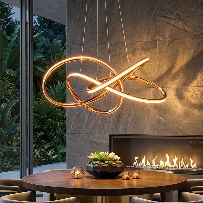 modern infinity loop led hanging light|abstract ring 3-color dimmable chandelier for living room, bedroom & hallway décor (rose gold finish)