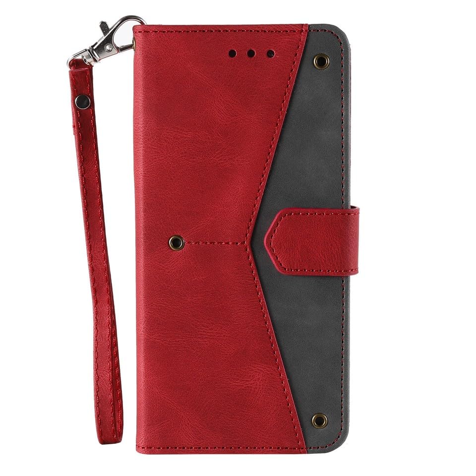 Étui portefeuille pour iPhone 15 rouge en cuir à rabat magnétique avec porte-cartes