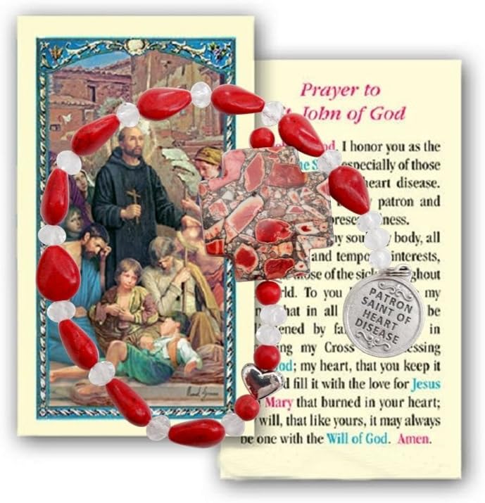 John of God Patron of Those with Heart Disease Garnet Teardrop Bead Chaplet with Silver Plated Findings Marble Cross and Blessed Prayer Card