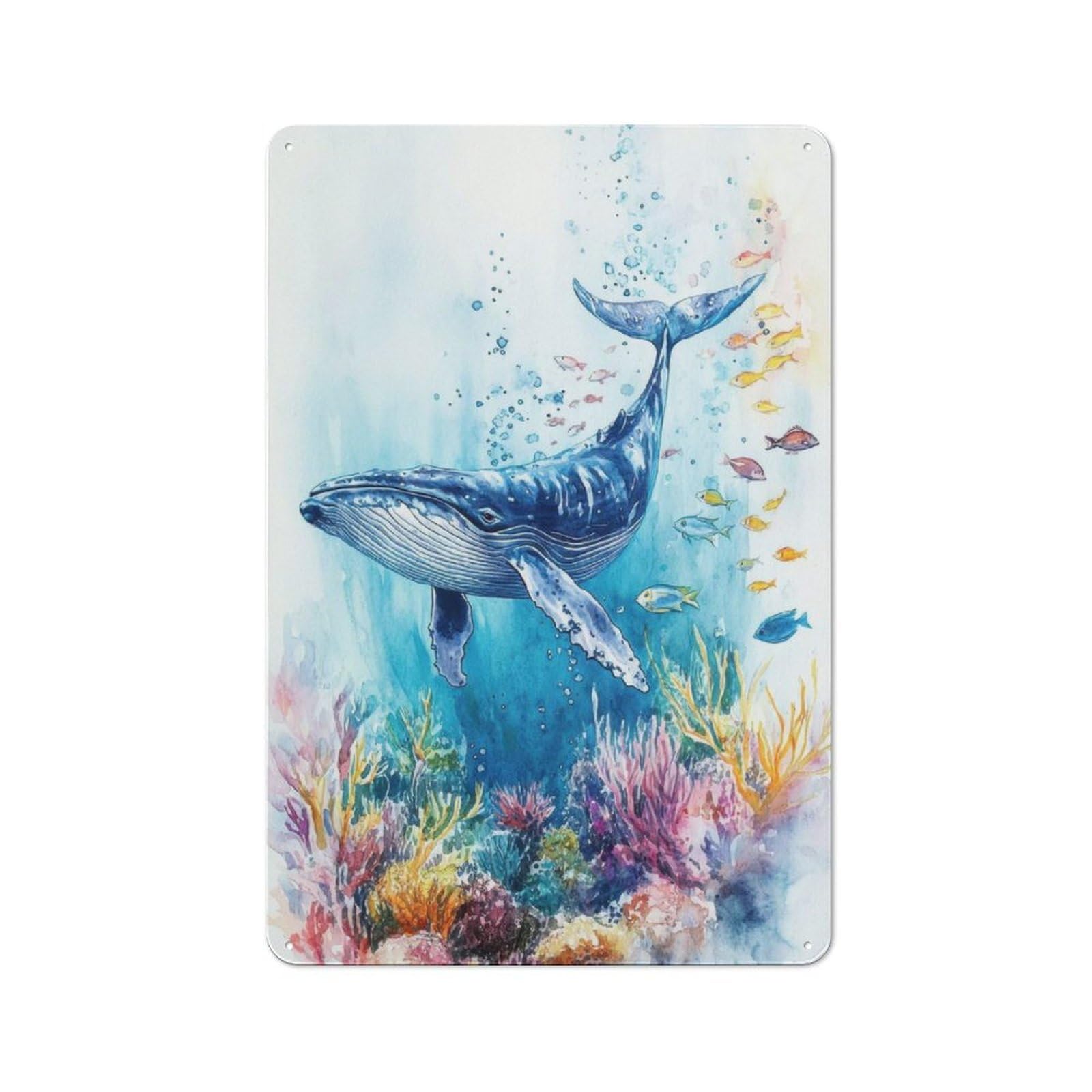 Humpback Whale Watercolor Vintage Metal Wall Sign 30x20cm for Café Or Restaurant, for Metal Sign Collectors, for Garage And Workshop Walls