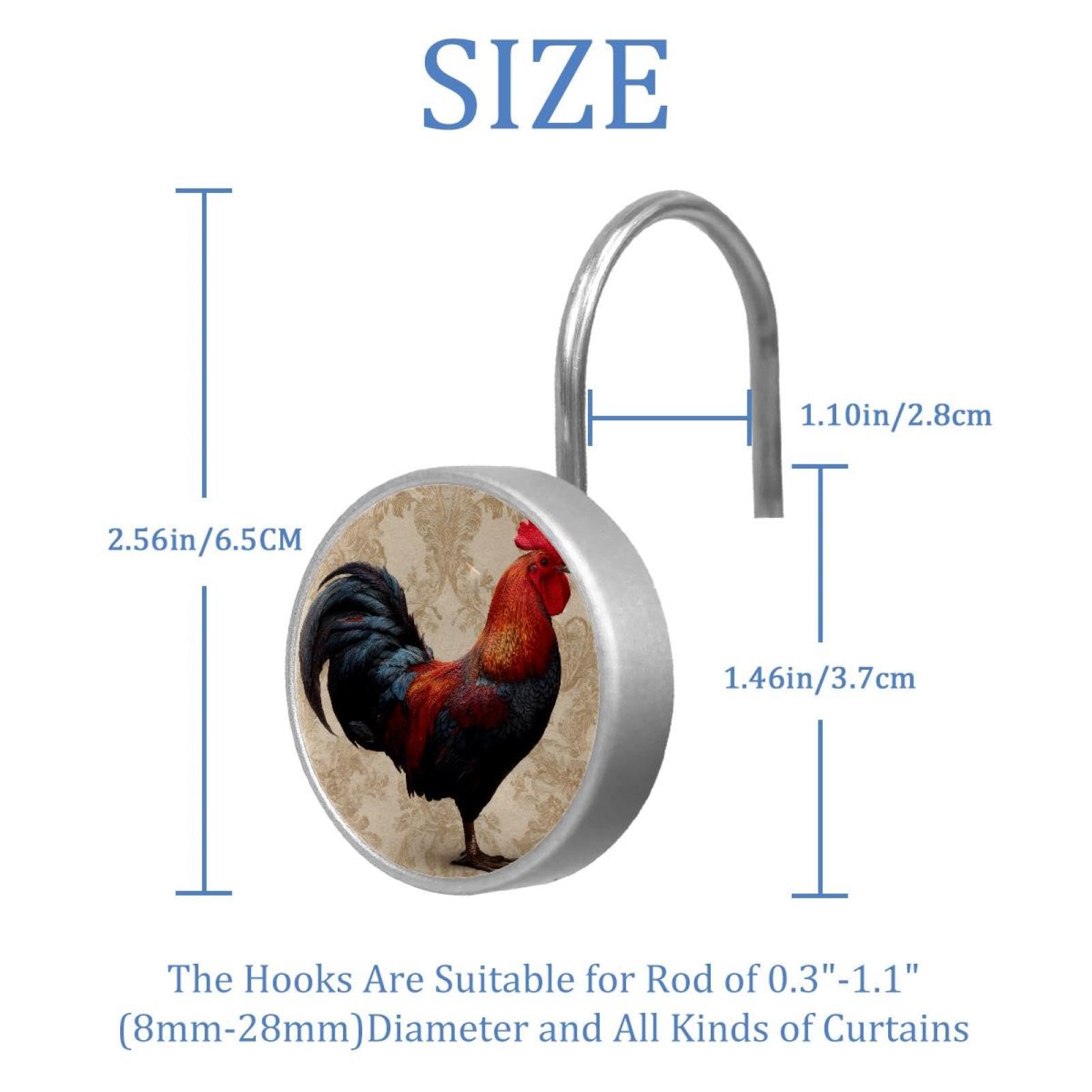 12pcs Glass Shower Curtain Hooks, Rust Resistant Decorative Shower Rings for Bathroom Living Room,Stainless Steel Hooks for Shower Curtain and Liner Rods (Retro Rooster Print)