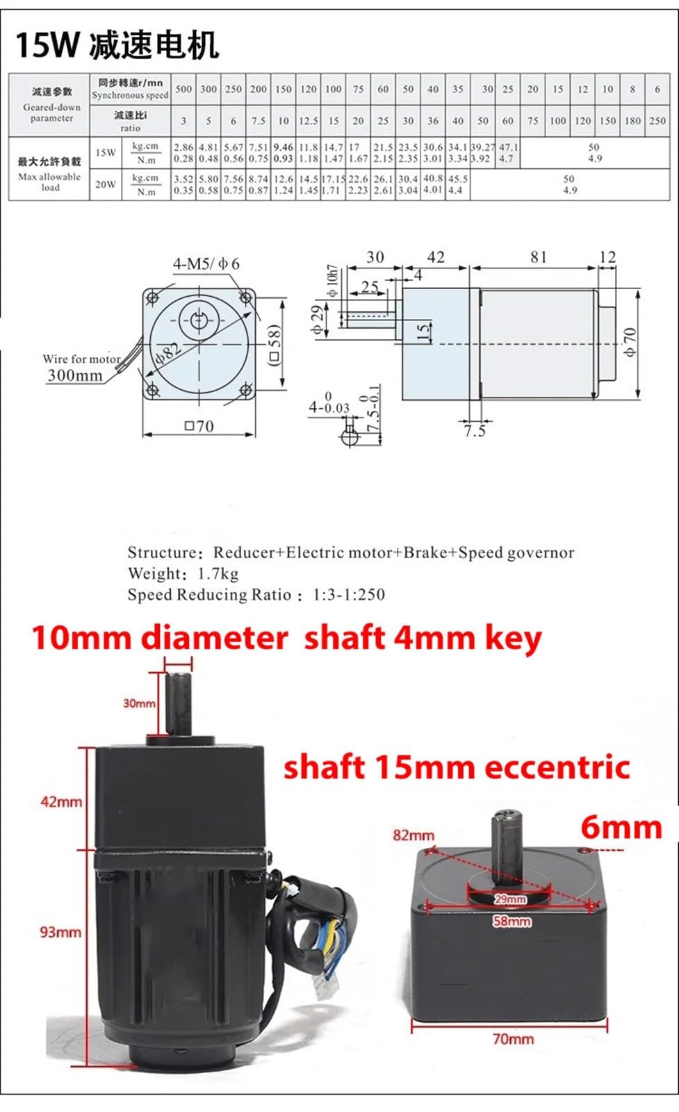 Motor de control de velocidad 3RK15RGN-C, 220 V CA, monofásico, 70 x 70 mm, velocidad ajustable, 15 W, motorreductor reversible Reducción de par(67RPM)