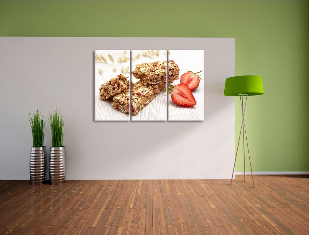 Pixxprint Gesunde Müsliriegel als, Leinwandbild 3 Teilig, Gesamtmaß: 120x80cm, Wandbild, Dekoration, fertig gespannt, Kein Poster
