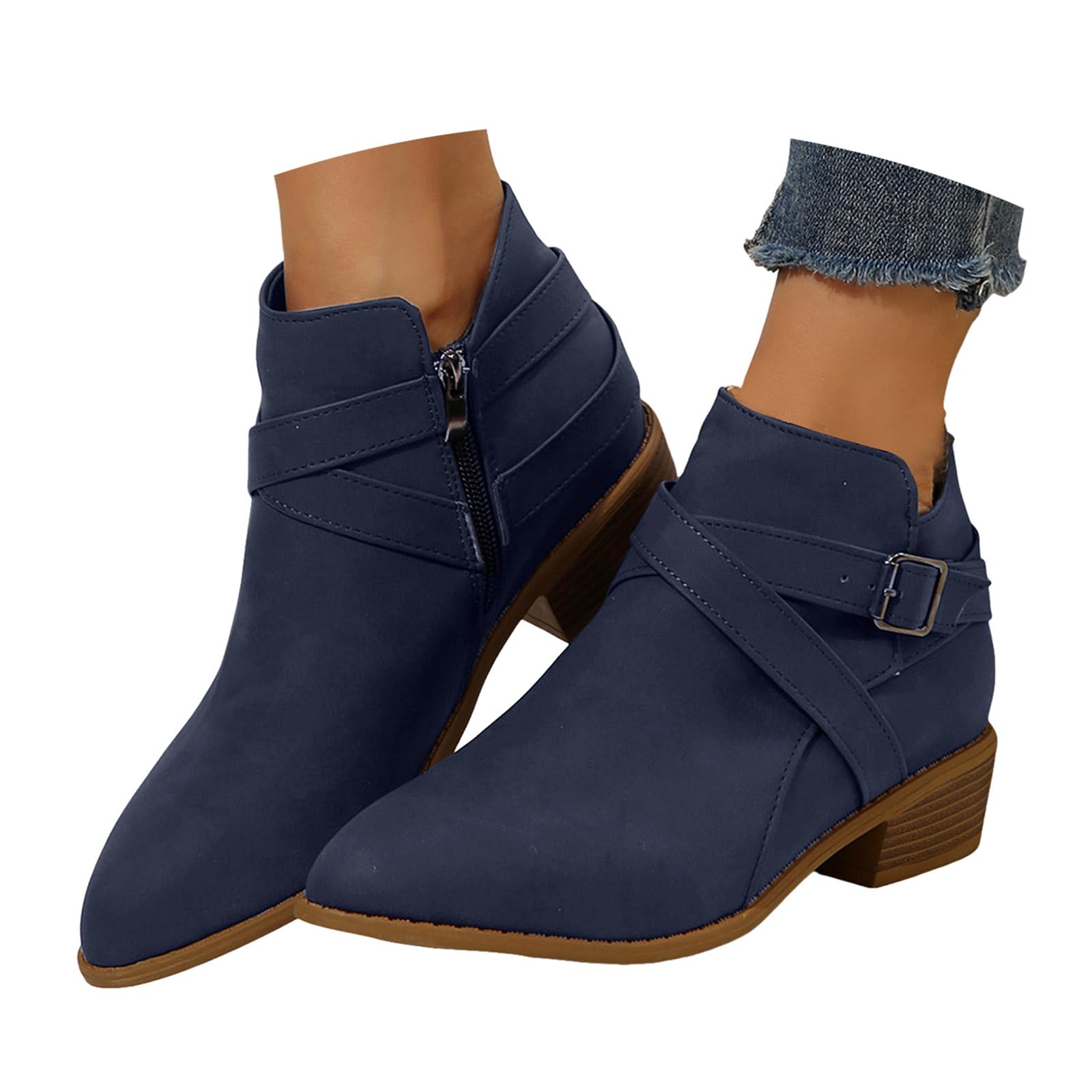 Women Leather Ankle Boots Chunky Block Low Heel Pointed Toe Buckle Strap Side Zipper Vintage Short Western Booties