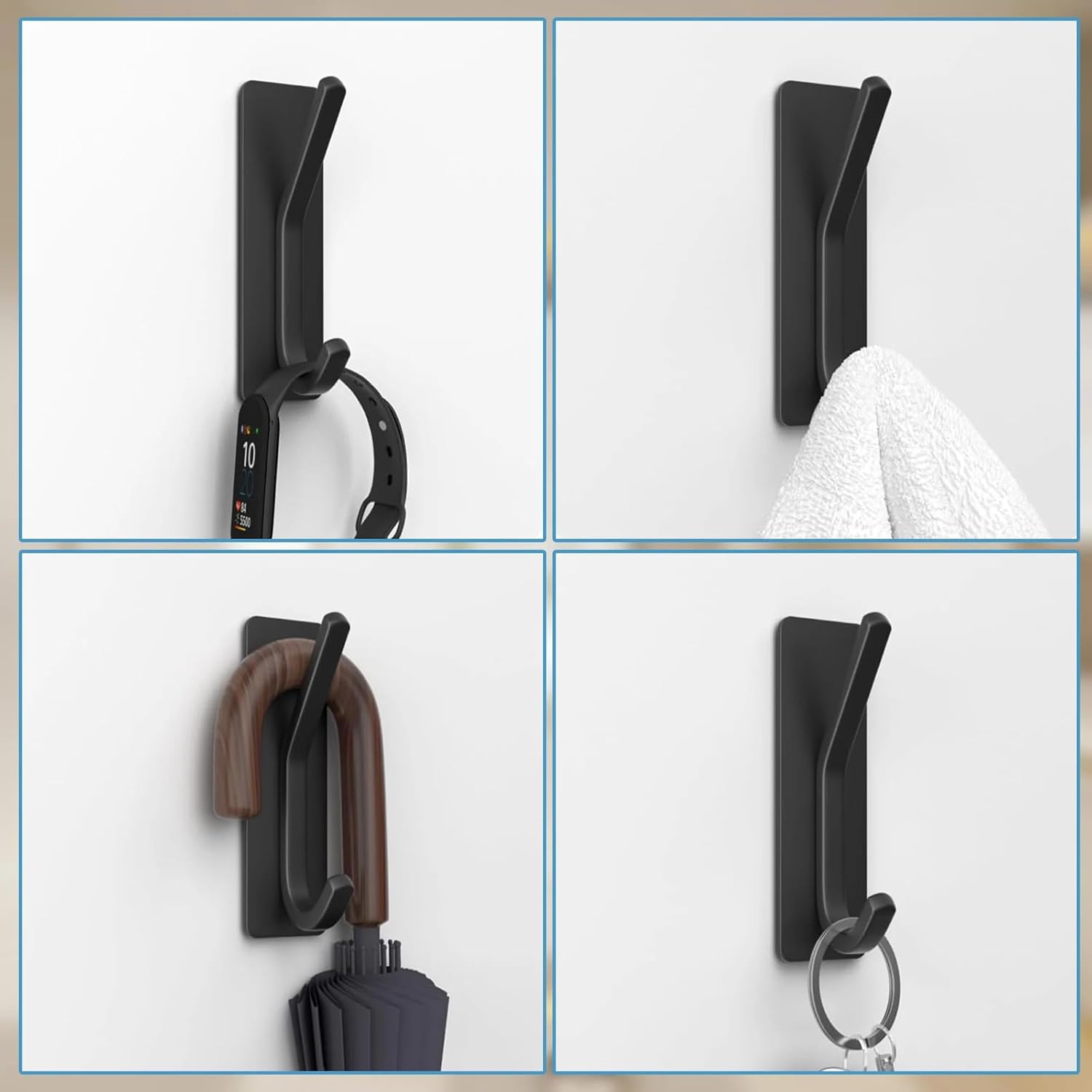 Black Command Hooks for Wall - 6 Pack Matte Black Curved Double Hooks, Multi-Use Hangers for Coats, Towels & Robes, No Damage Removable Organizers for Bathroom & Bedroom Doors
