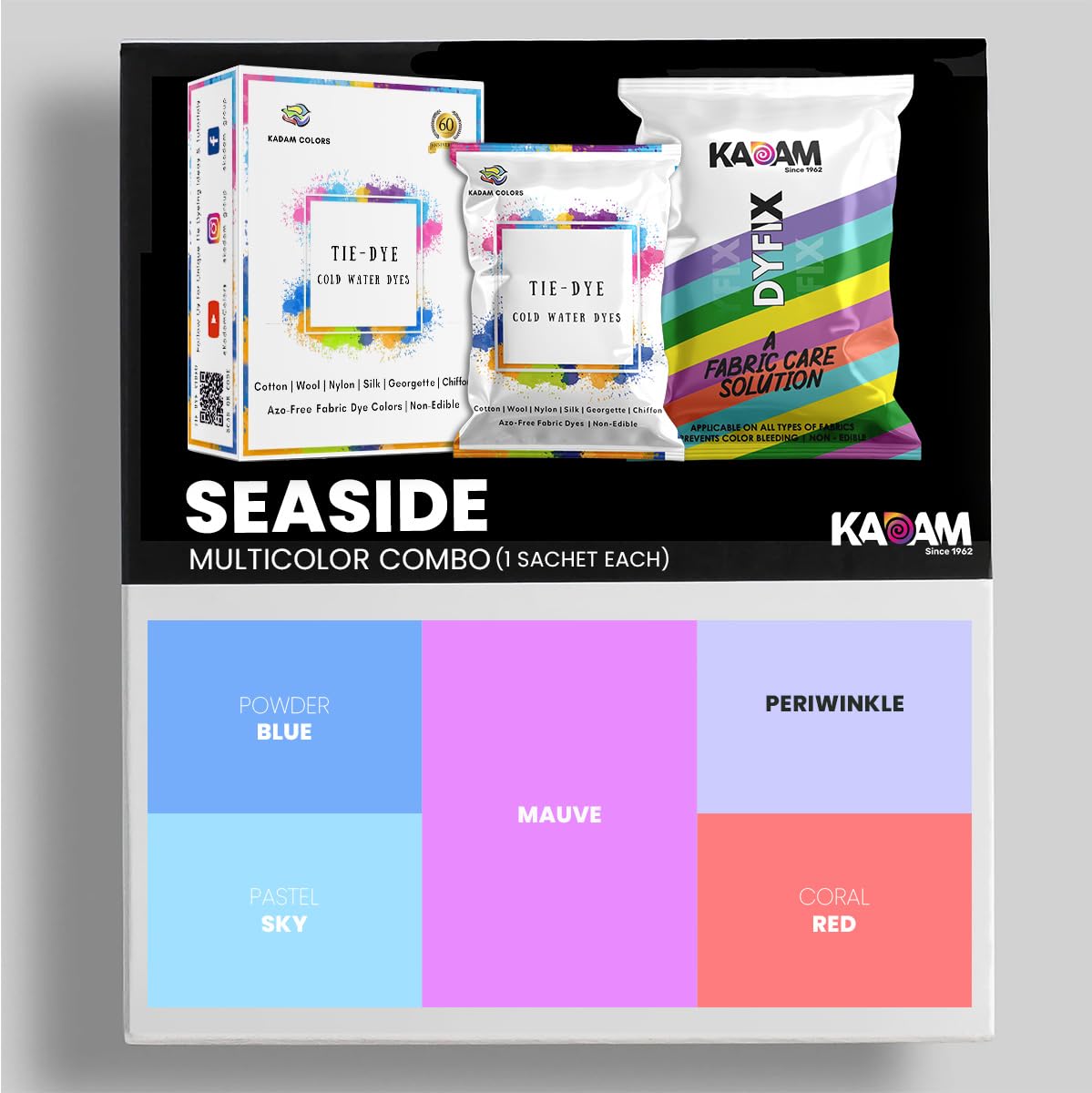 Kadam Tie Dye Multicolour Combo: 04 Seaside | 5 Multicolour Sachet (5g each) | Includes DyFix Color Fixer (5 Sachets) | Tie Dye up to 10 T-shirts | Applicable on Cotton, Nylon, Silk, Wool, Georgette, Chiffon, Denim, Jute | Cold Water Dyes (B0CMD2WLJP) Amazon Price History, Amazon Price Tracker