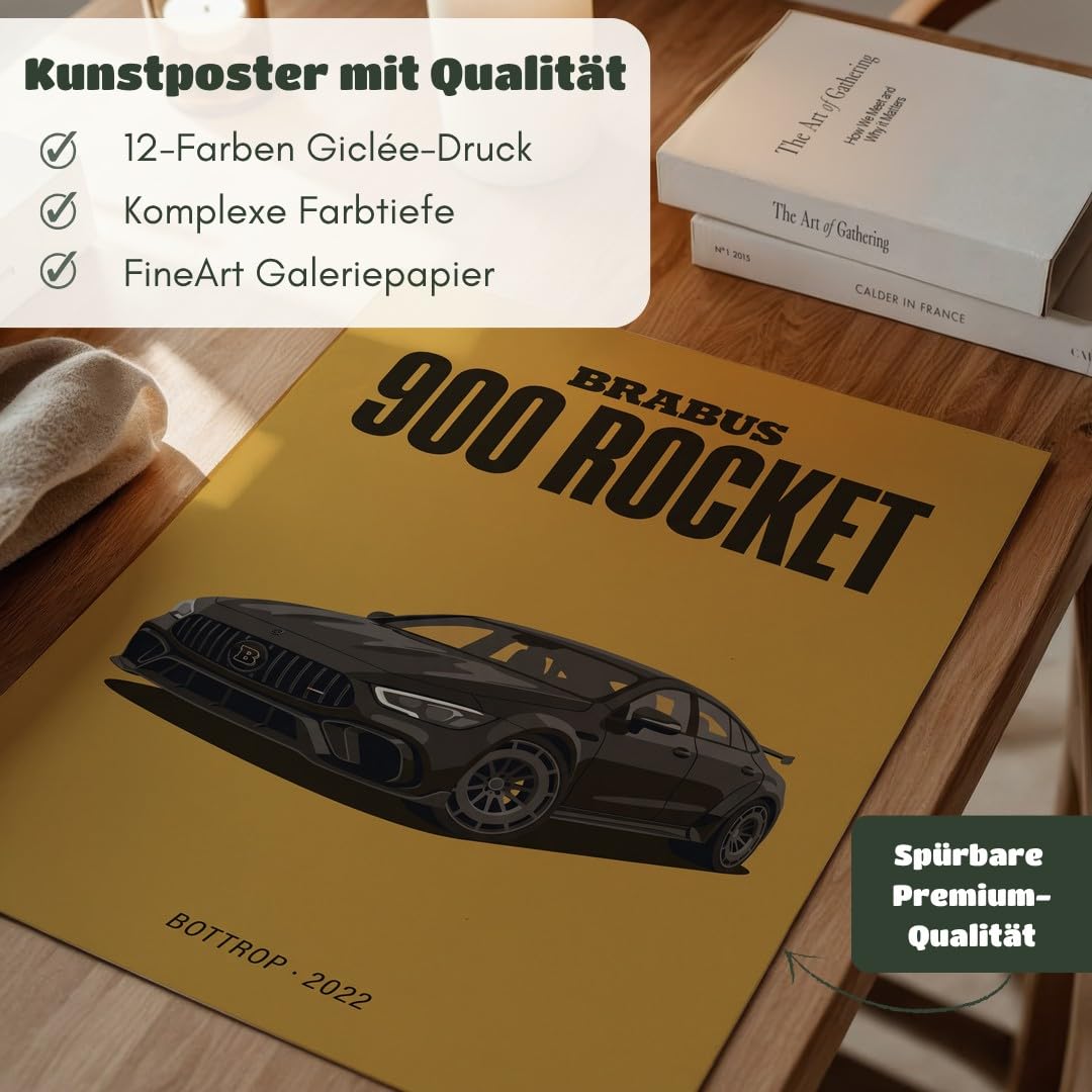 MJ-GRAPHICS® Poster Brabus Kunstdruck Auto 900 Rocket Wandbild sportlich Bilder dunkelgelb Schwarz Deko Büro modern A2 mit braunem Rahmen