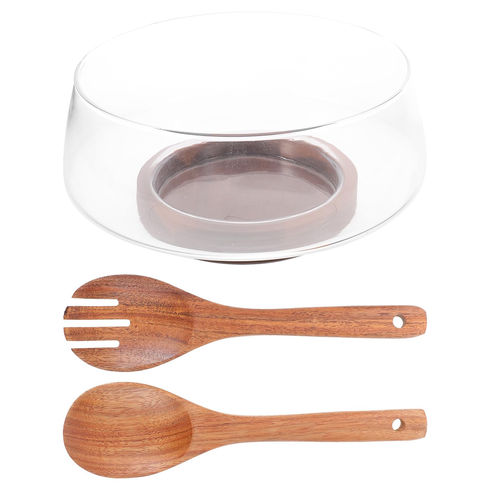 Bol de Ensalada de Vidrio con Base de Madera de Acacia Redondo para Presentación Clara y Protección contra Condensación, Adecuado para Cocinas Compactas y Fiestas