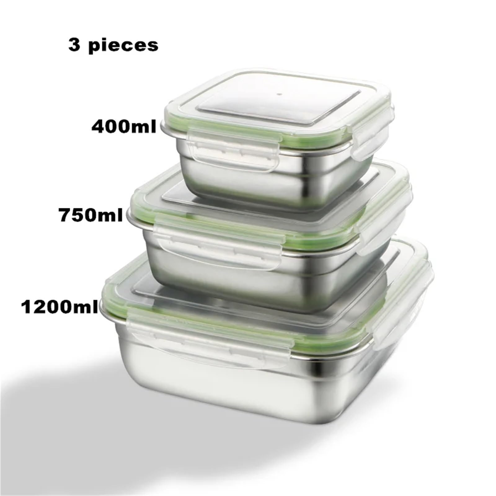 Contenitori per alimenti in acciaio inossidabile 3 pezzi contenitori for alimenti in acciaio inossidabile, scatola for la conservazione degli quadrata, for il pranzo da 400/750/1200 ml