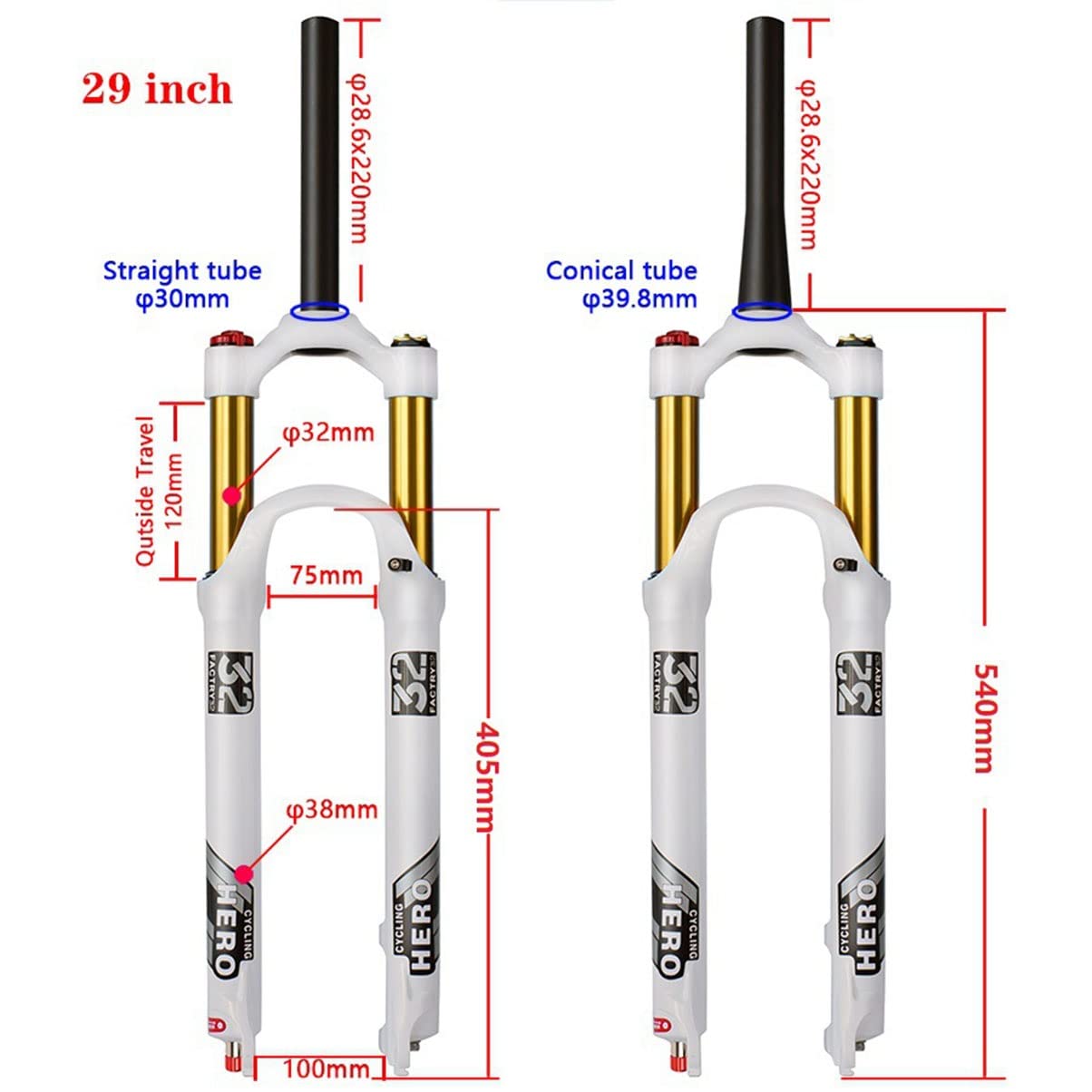 26/27,5/29 "Widelec amortyzowany z 100 mm skokiem widelec pneumatyczny do roweru z regulowanym skokiem prosta/stożkowy przedni widelec rowerowy (kręgosłup HL 29")