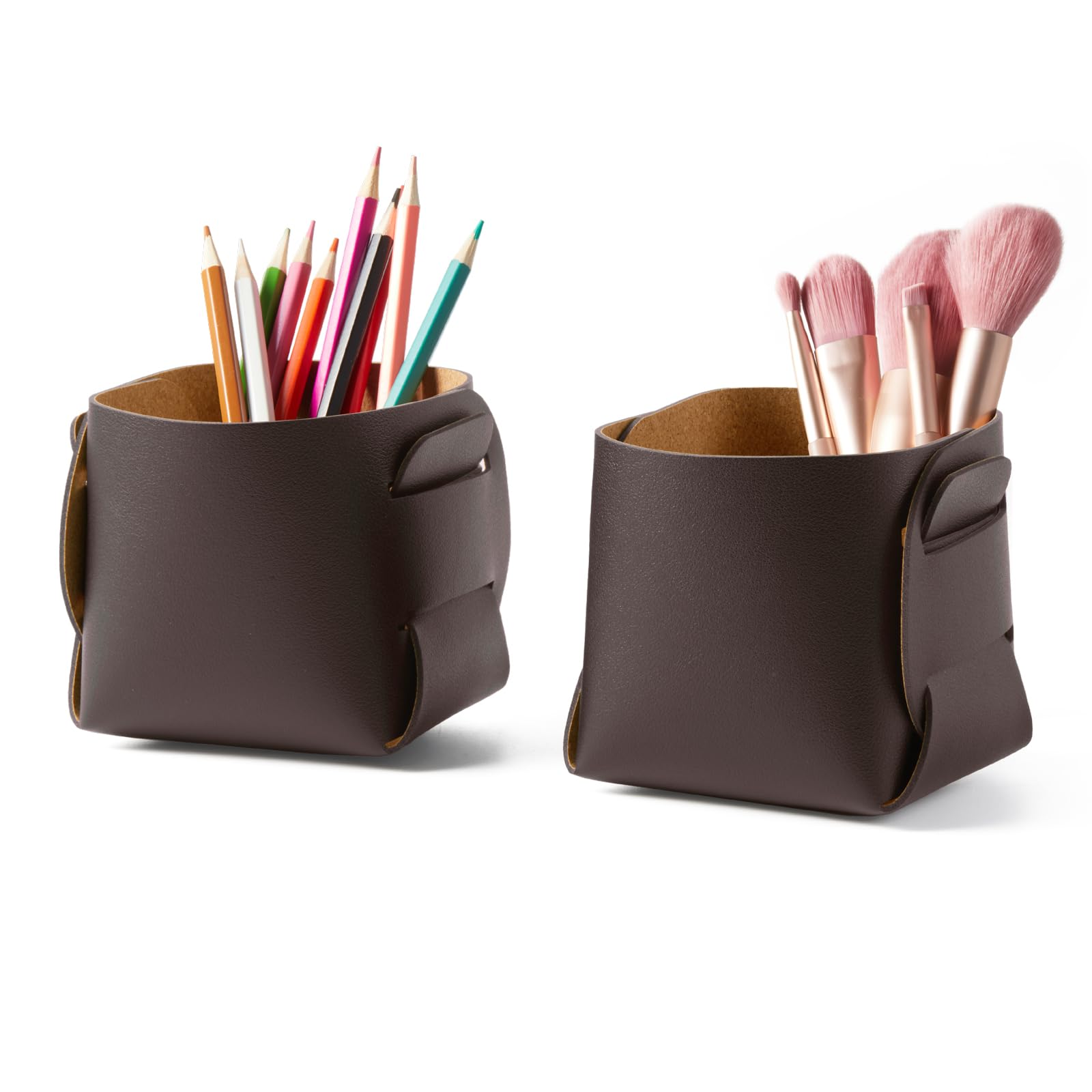 HOMIEAZICOZI 2-Pack Cork Leather Desk Accessories Storage - Pencil Pen Holder - Makeup Brush Holder Organizer - Stylish Addition to Home Decor (Coffee