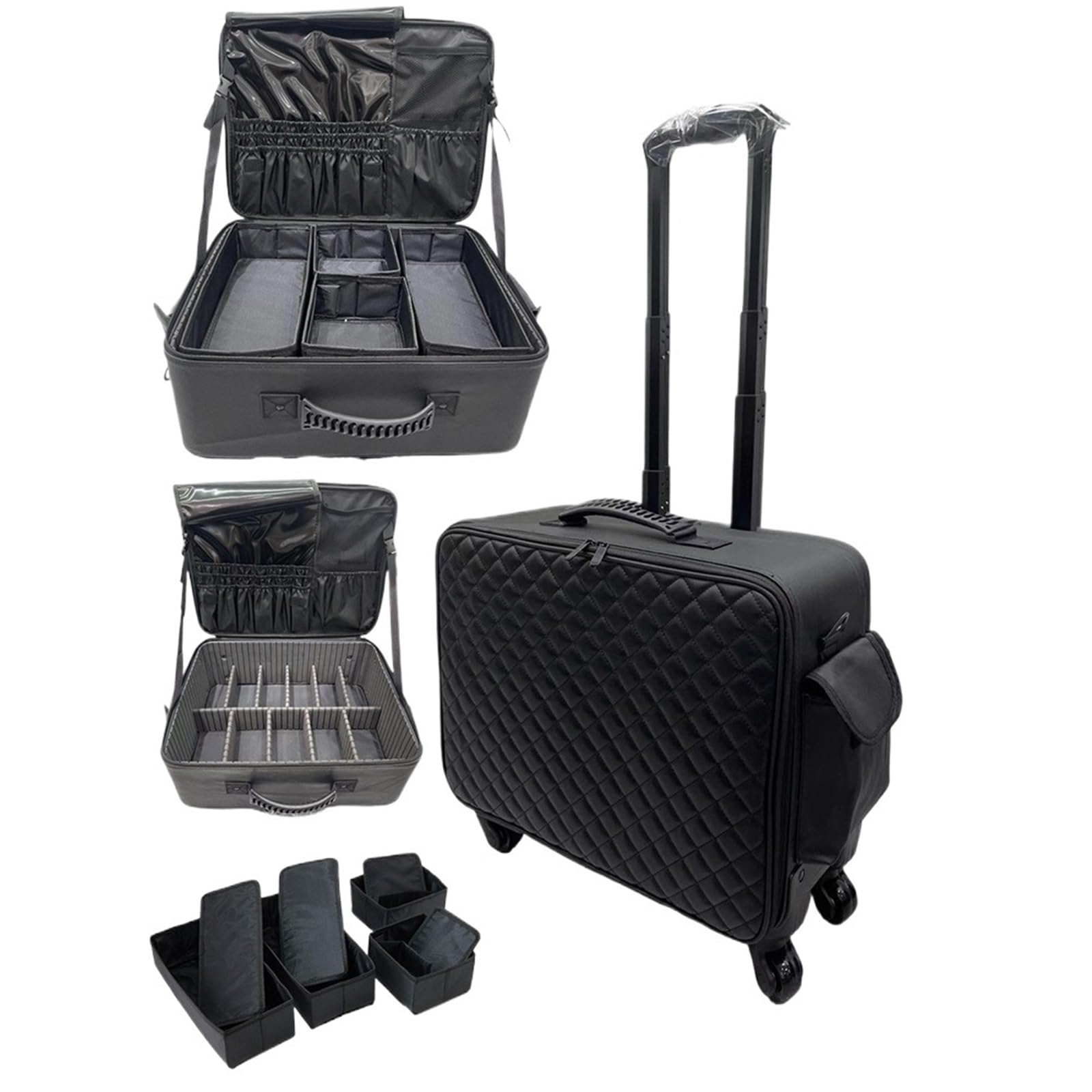 Borsa da toilette con rotelle Valigia professionale for bellezza, nail art, borsa for il trucco, cassetta degli attrezzi for ricamo, organizer mobile con ruote universali for cosmetici(Black 2)