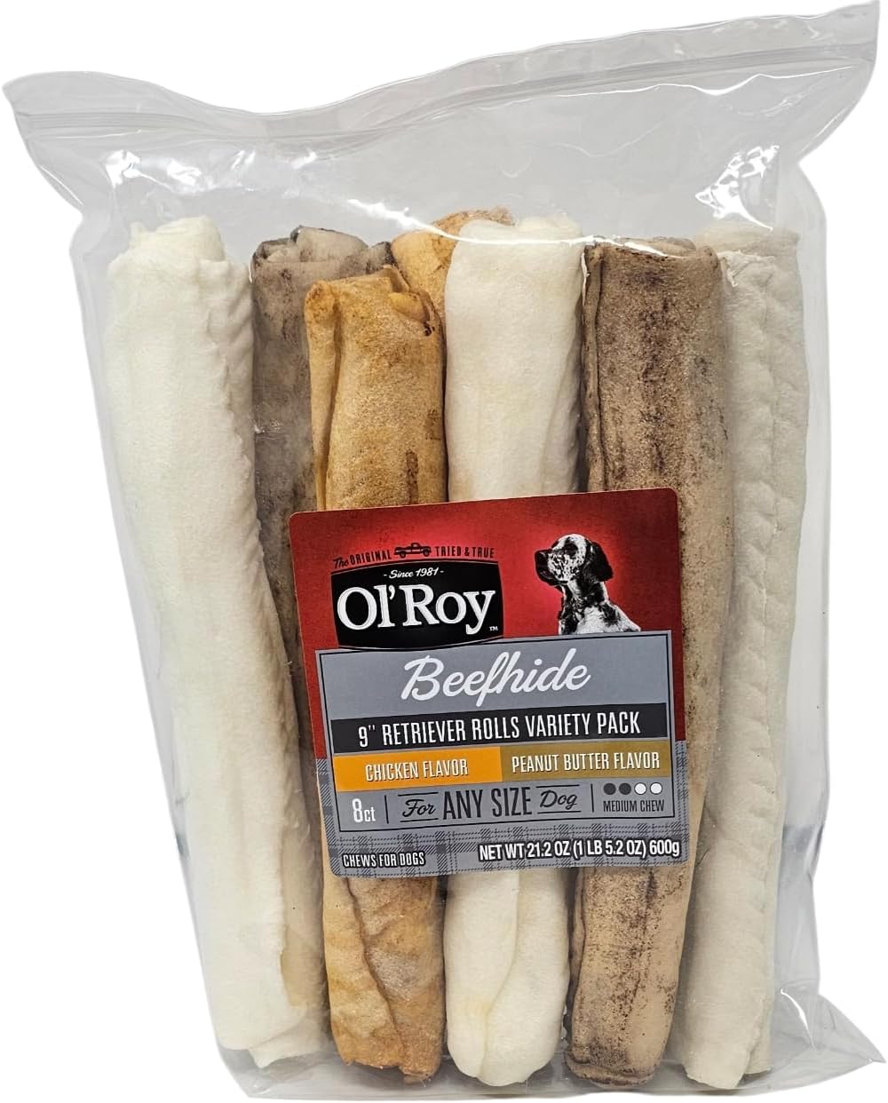Ol' Roy Beefhide 9" Retriever Rolls Multi Flavor Variety Pack Dog Chew Treats, 8 Count, 21.2 Ounces