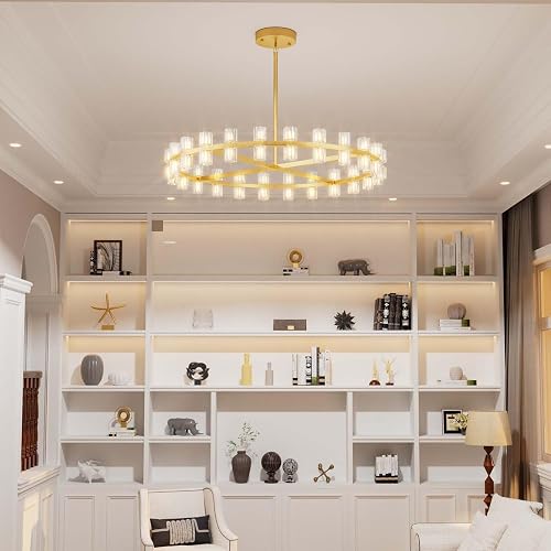 Dia 32" Gold Wagon Wheel Chandelier, 32-Lights Farmhouse Pendant Light