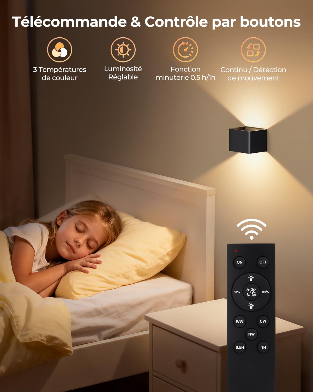 VIWAVE Applique Murale Intérieure sans fil à Détecteur de Mouvement avec Télécommande,LED Applique Murale Rechargeable avec Trois Températures de Couleur & Luminosité Réglable,Lot de 2 Noire Appliques