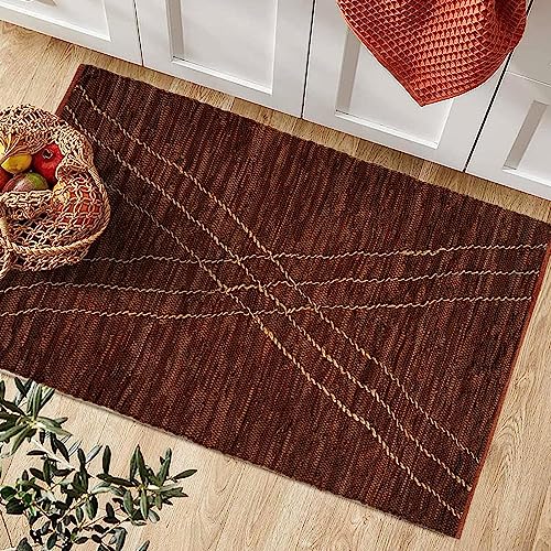 Gruhum Handwoven Jute Area Rugs 4X6Ft-Natural Fibre Braided Rustic Vintage Leather Brown Boho Soft Eco Friendly Rectangular Rugs For Farmhouse Indoor Outdoor Kitchen Bedroom Livingroom Hallways(4'X6') #TOP1