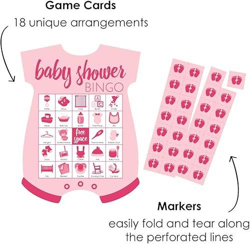 Miniatura 2 de Big Dot of Happiness Baby Girl - Tarjetas de bingo con imágenes y marcadores - Juego de bingo rosa con forma de baby shower - Juego de 18