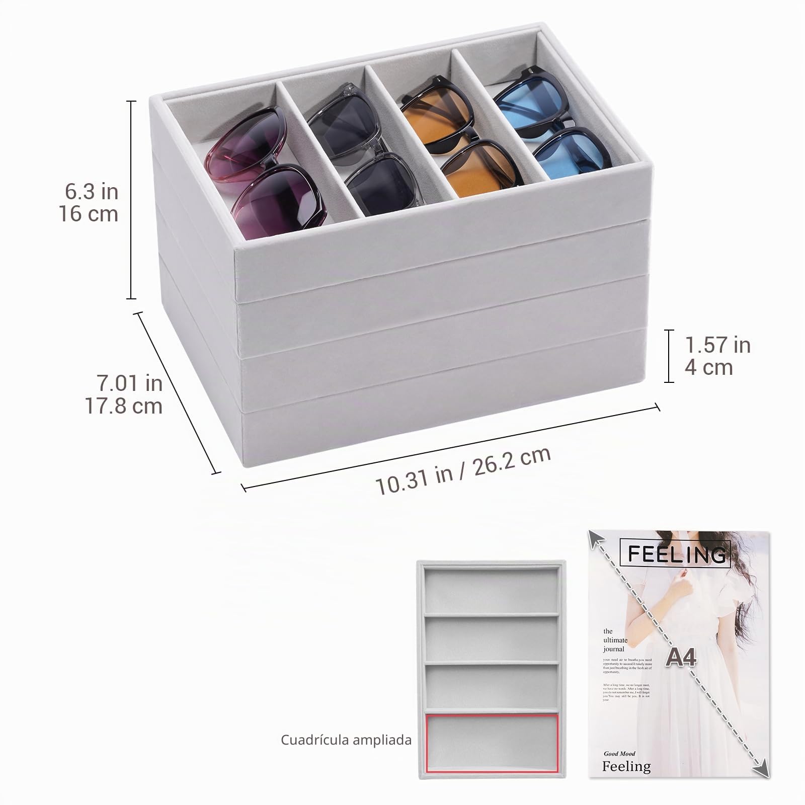 Lolalet Bandeja Organizador de Gafas de Sol, 8 Compartimentos para Gafas de Ante, Estante de Almacenaje para Gafas de Sol para Mujeres y Hombres