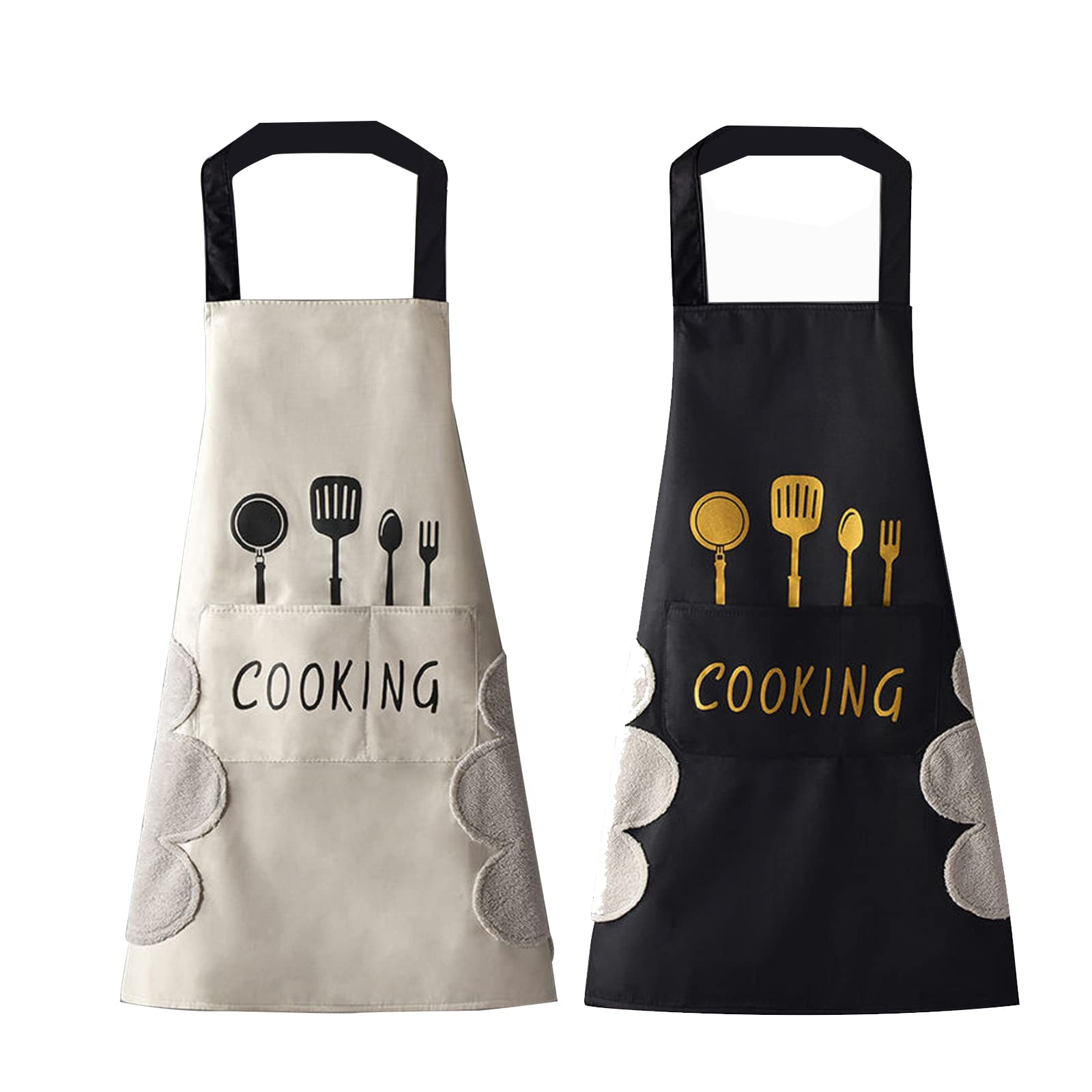 DILLMAN Women Kitchen Apron with Hand Wipe Pockets，Big Pocket,Hand-wiping, Waterproof for Cooking Baking, Black + White, L